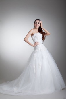 Satin and Net Strapless Ball Gown with Embroidery