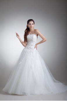 Satin and Net Strapless Ball Gown with Embroidery