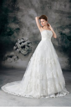 Net Strapless Ball Gown with Embroidery