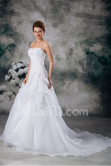 Organza Strapless A Line Gown with Embroidery