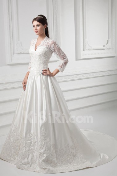 Satin V Neckline A Line Lace Gown