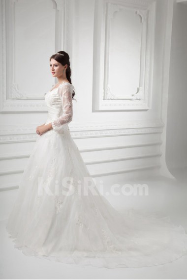 Organza V Neckline A Line Gown with Three-quarter Sleeves