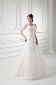 Organza V Neckline A Line Gown with Three-quarter Sleeves