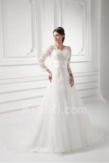 Organza V Neckline A Line Gown with Three-quarter Sleeves