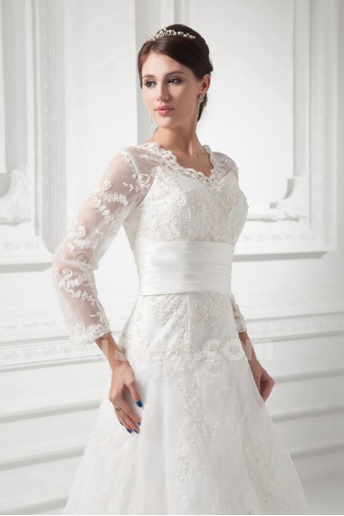 Organza V Neckline A Line Gown with Three-quarter Sleeves