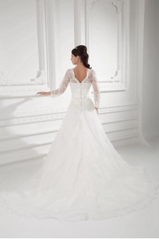 Organza V Neckline A Line Gown with Three-quarter Sleeves