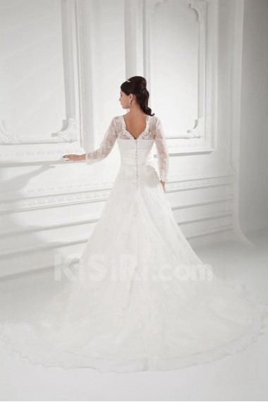 Organza V Neckline A Line Gown with Three-quarter Sleeves