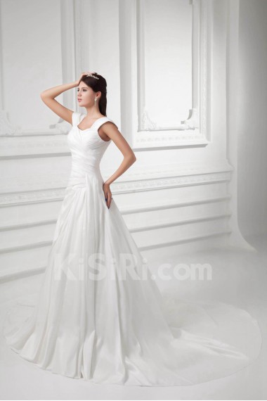 Satin A Line Gown with Cap Sleeves