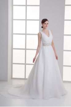 Organza V Neckline A Line Gown with Sash