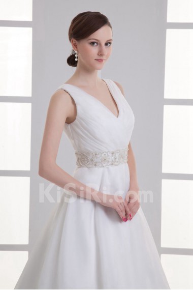 Organza V Neckline A Line Gown with Sash