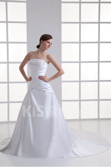 Satin Strapless A Line Gown with Embroidery