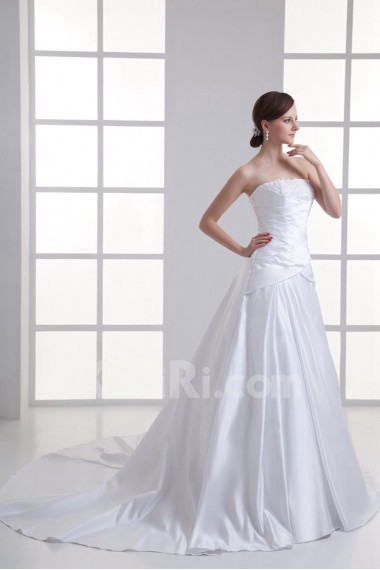 Satin Strapless A Line Gown with Embroidery