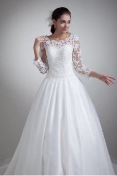 Organza Scoop A Line Gown with Three-quarter Sleeves