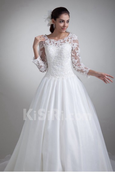 Organza Scoop A Line Gown with Three-quarter Sleeves