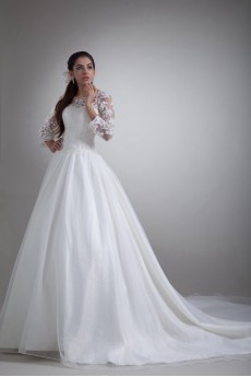 Organza Scoop A Line Gown with Three-quarter Sleeves