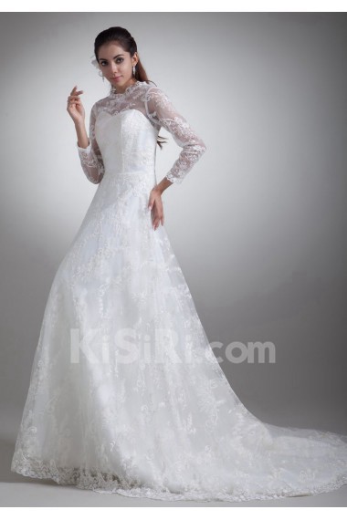 Satin and Lace A Line Gown with Three-quarter Sleeves