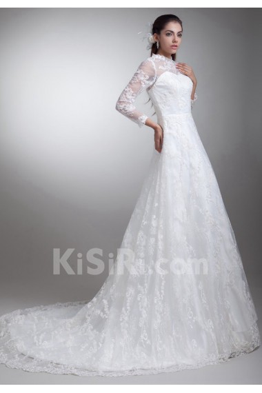 Satin and Lace A Line Gown with Three-quarter Sleeves