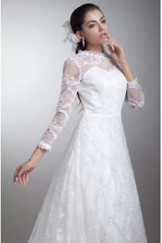 Satin and Lace A Line Gown with Three-quarter Sleeves