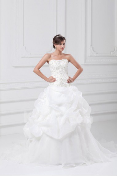 Organza Strapless A Line Gown with Embroidery