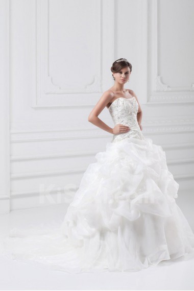 Organza Strapless A Line Gown with Embroidery