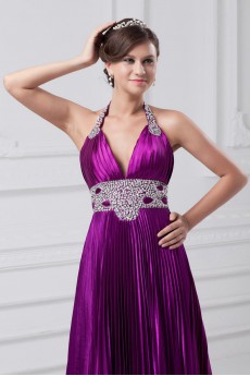 Satin Halter A Line Gown with Embroidery