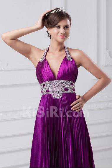 Satin Halter A Line Gown with Embroidery