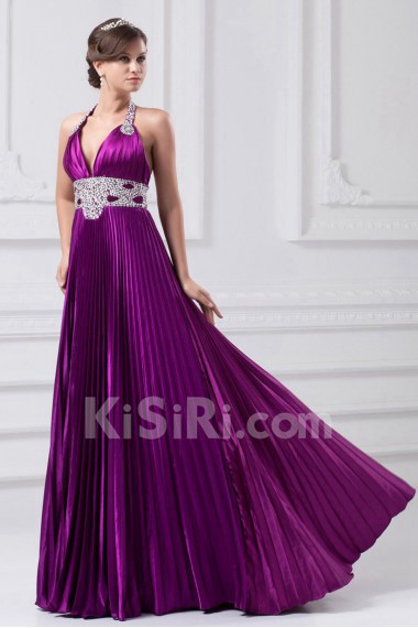 Satin Halter A Line Gown with Embroidery