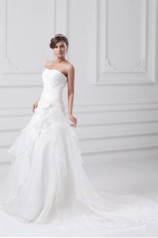 Organza Strapless A Line Gown with Embroidery