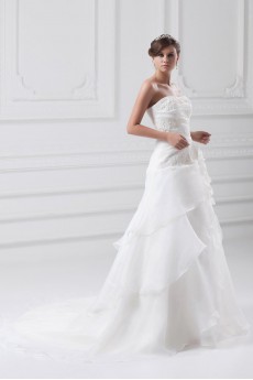 Organza Strapless A Line Gown with Embroidery