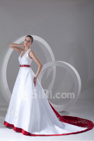 Satin Halter A Line Gown with Embroidery