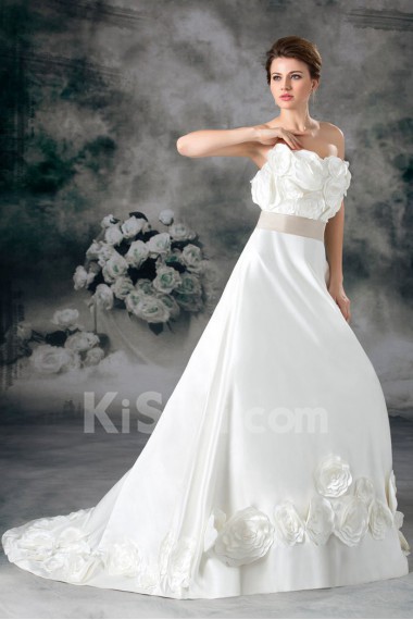 Satin Strapless A Line Gown with Hand-made Flowers