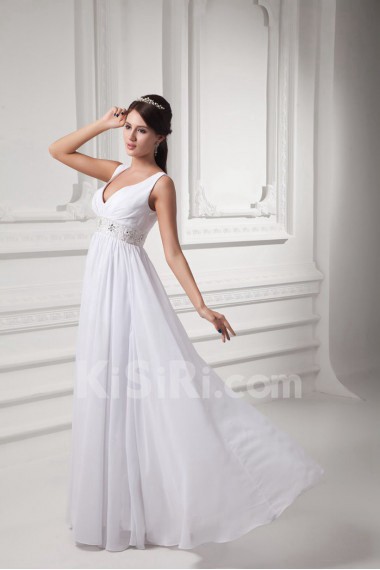 Chiffon V Neckline Column Gown with Embroidery