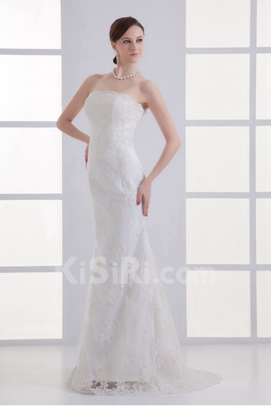 Satin and Net Strapless Sheath Gown with Embroidery