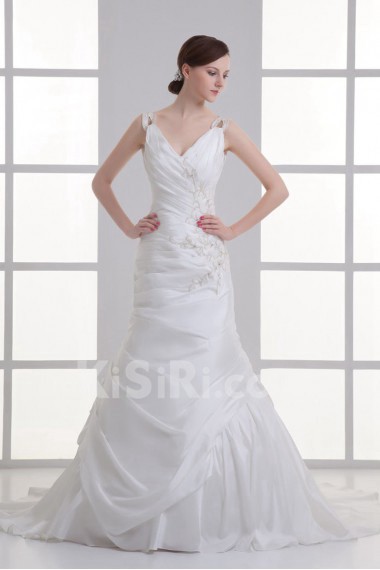 Taffeta V Neckline Sheath Gown with Embroidery