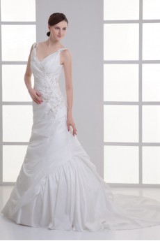 Taffeta V Neckline Sheath Gown with Embroidery