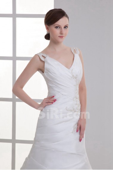 Taffeta V Neckline Sheath Gown with Embroidery