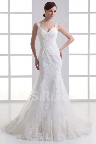 Satin and Net Sheath Gown with Embroidery