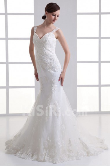 Satin and Net Sheath Gown with Embroidery