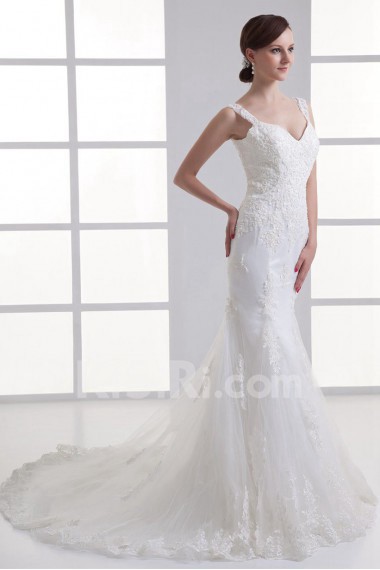 Satin and Net Sheath Gown with Embroidery