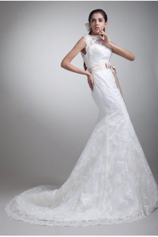 Satin and Lace Sheath Gown with Sash