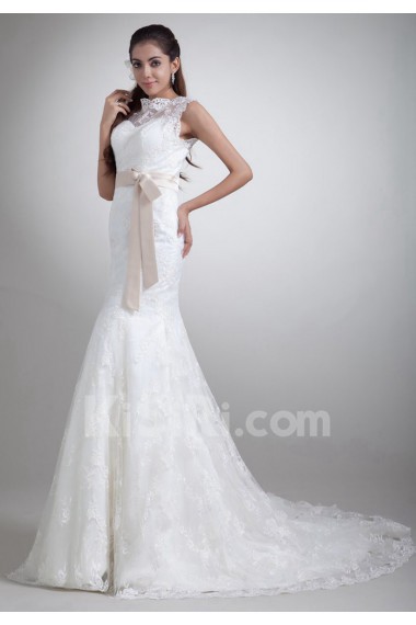 Satin and Lace Sheath Gown with Sash