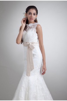 Satin and Lace Sheath Gown with Sash