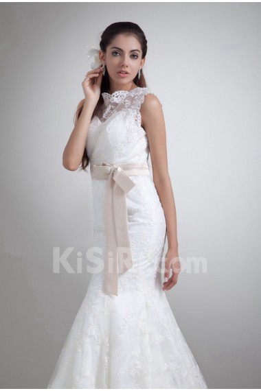 Satin and Lace Sheath Gown with Sash