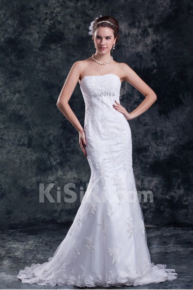 Satin and Net Strapless Sheath Gown with Embroidery