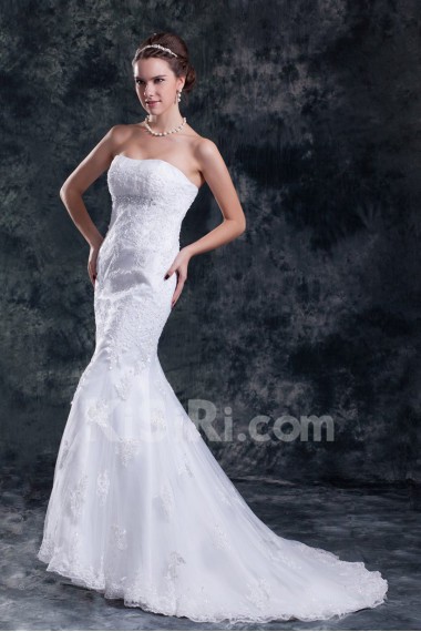 Satin and Net Strapless Sheath Gown with Embroidery