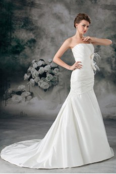 Satin One Shoulder Sheath Gown with Feather