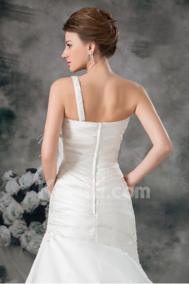 Satin One Shoulder Sheath Gown with Feather