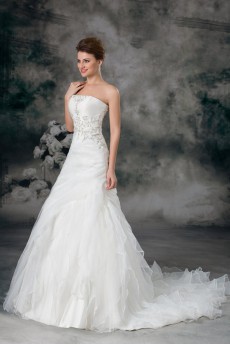 Organza Strapless Sheath Gown with Embroidery