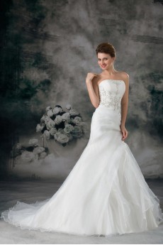 Organza Strapless Sheath Gown with Embroidery