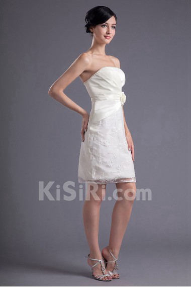 Satin and Lace Strapless Short Dress with Hand-made Flower